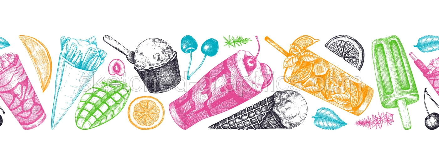 Summer party ribbon. Seamless pattern. Non-alcoholic beverage, mocktail, ice cream, fruit, cocktail sketches. Hand drawn vector illustration. Summer food festival. Tropical design.  Illustration